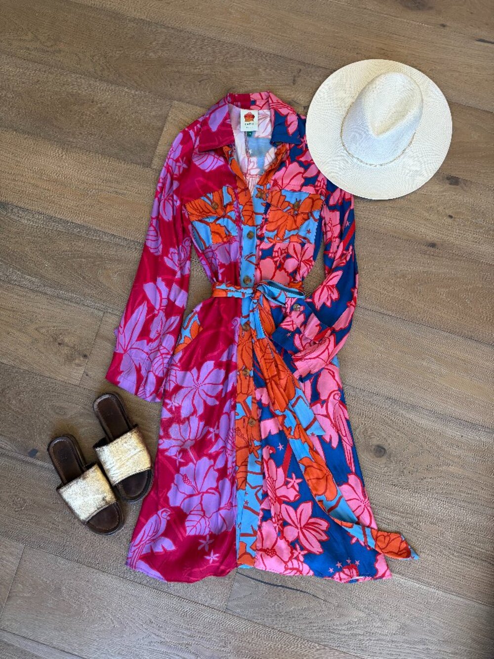 FARM Rio Tropical Tapestry Floral Colorblock Belted Shirt Dress Size XS